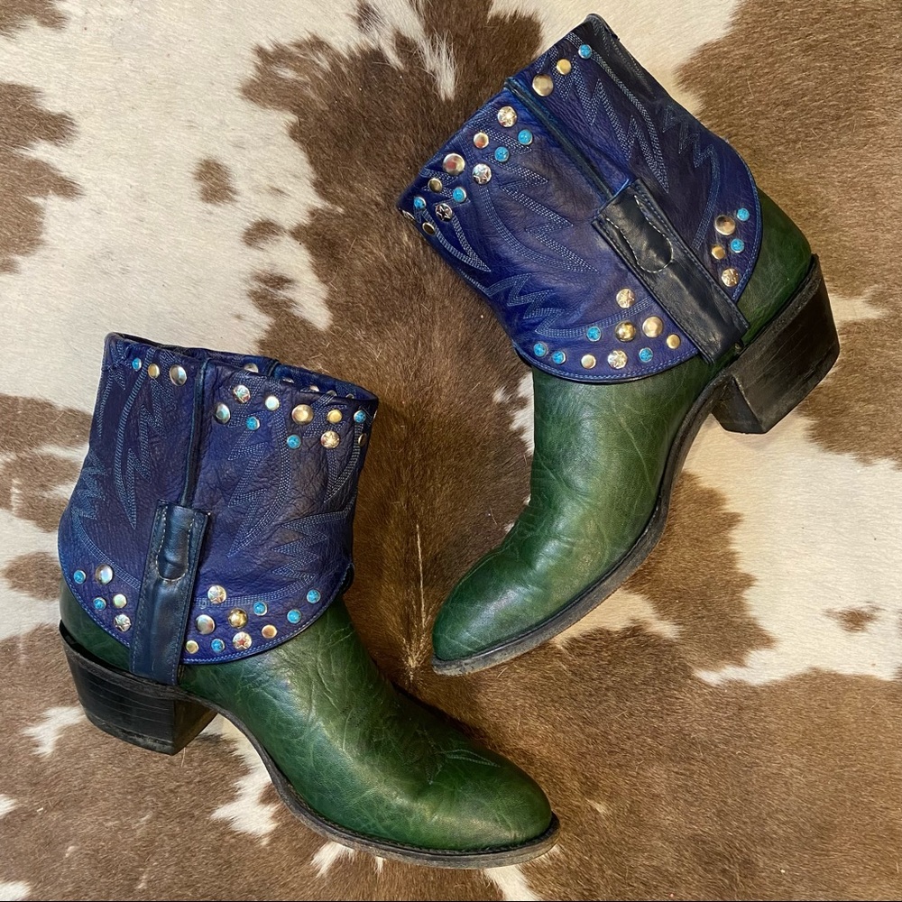 Handcrafted Green and Blue Leather Cowgirl Boots